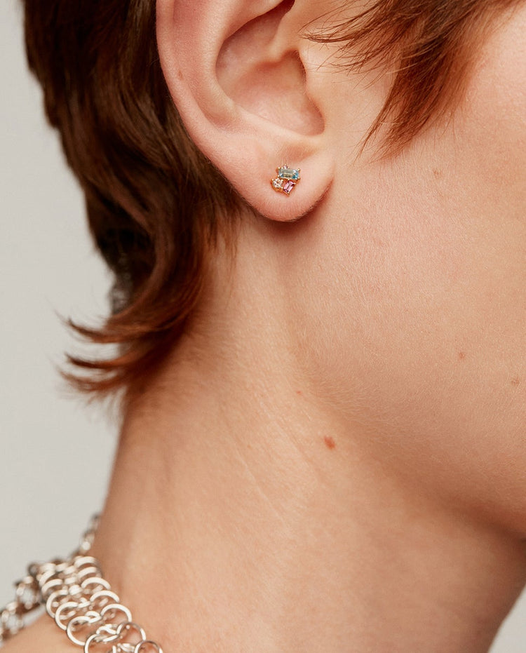 Pendientes de plata 925 bañados en oro amarillo de 18K con topacio azul london y blanco y rodolita rosa