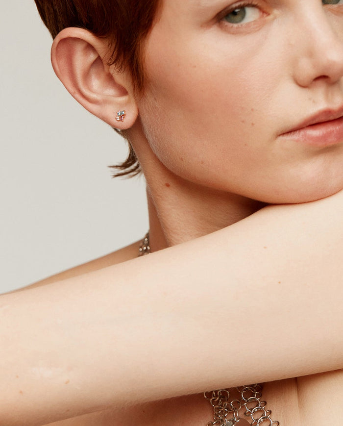 Pendientes de plata 925 bañados en oro amarillo de 18K con topacio azul london y blanco y rodolita rosa