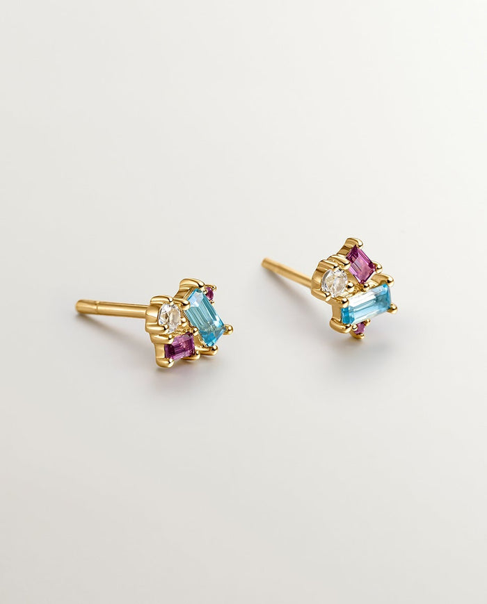 Pendientes de plata 925 bañados en oro amarillo de 18K con topacio azul london y blanco y rodolita rosa