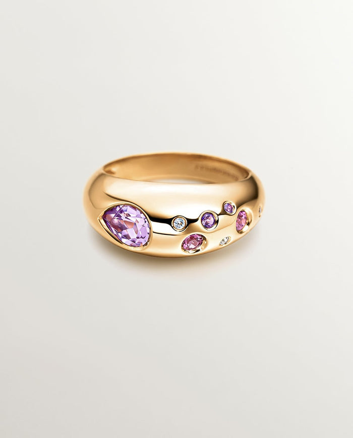 Anillo de plata 925 bañada en oro amarillo de 18K con topacios azul sky y azul london