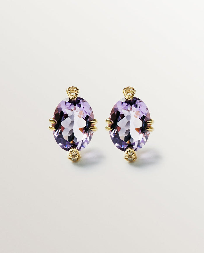 Pendientes de botón de oro amarillo de 9K con amatistas rosas y diamantes