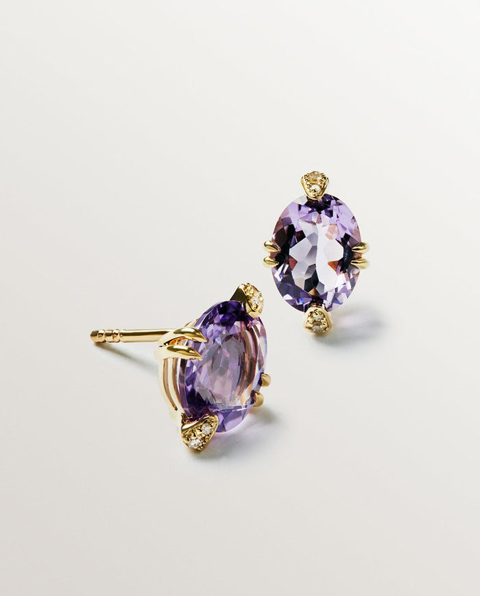 Pendientes de botón de oro amarillo de 9K con amatistas rosas y diamantes
