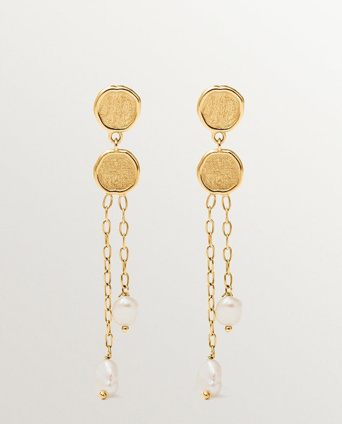 Pendientes largos de plata 925 bañada en oro de 18K con perlas colgantes