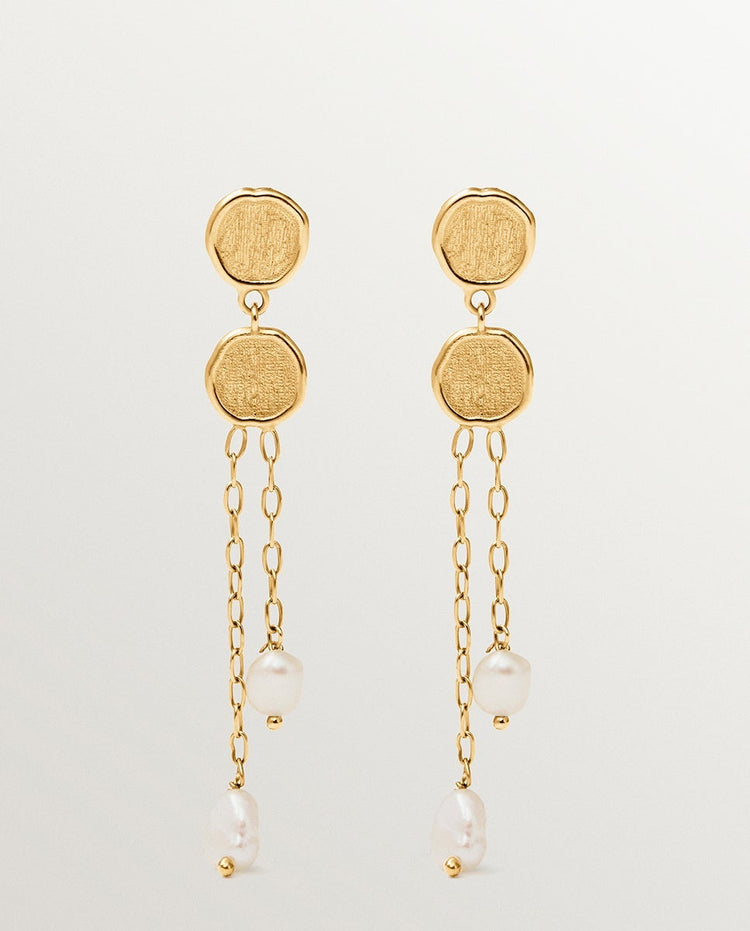 Pendientes largos de plata 925 bañada en oro de 18K con perlas colgantes