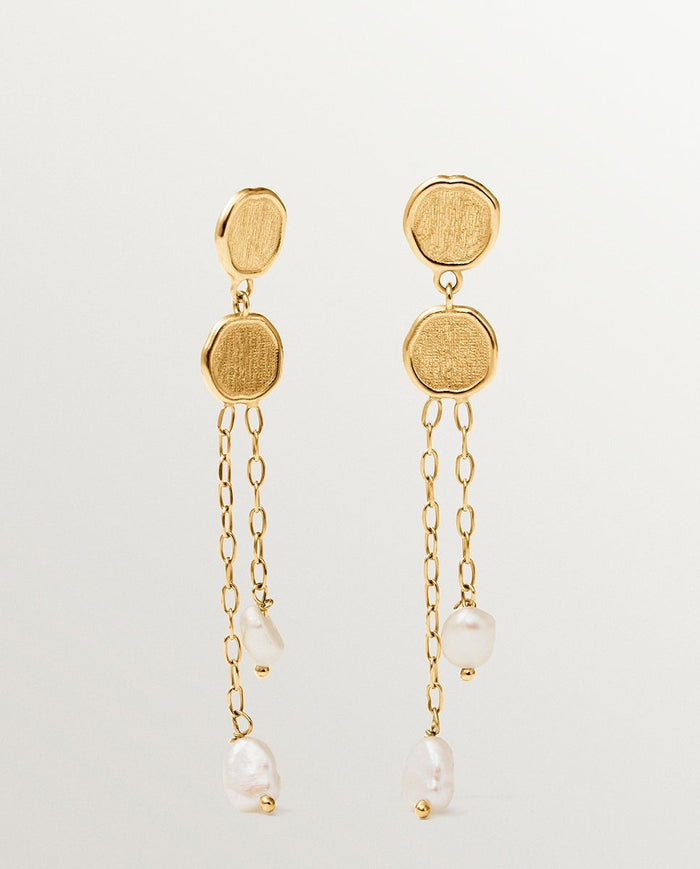 Pendientes largos de plata 925 bañada en oro de 18K con perlas colgantes