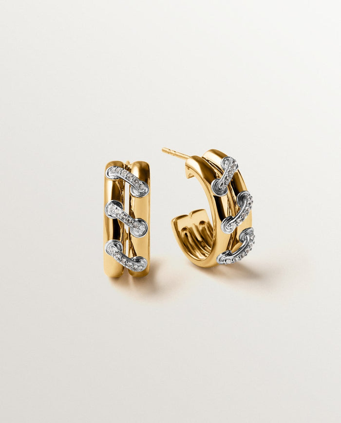 Pendientes de aro de plata 925 bañada en rodio y oro amarillo de 18K con pavé de topacios blancos