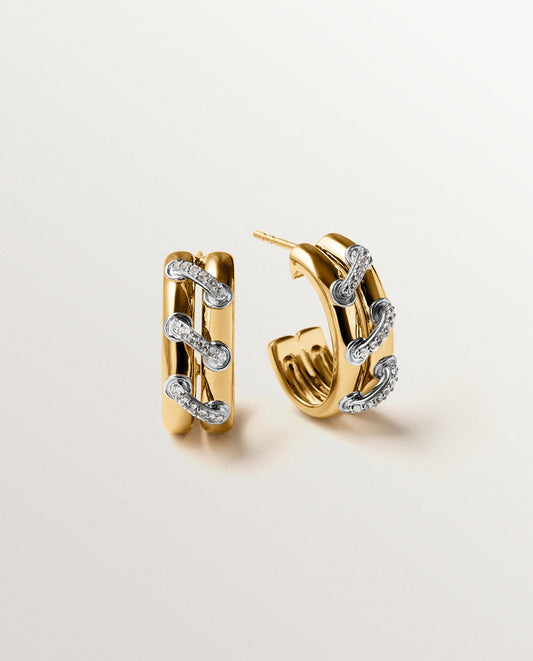 Pendientes de aro de plata 925 bañada en rodio y oro amarillo de 18K con pavé de topacios blancos