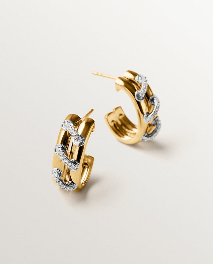 Pendientes de aro de plata 925 bañada en rodio y oro amarillo de 18K con pavé de topacios blancos