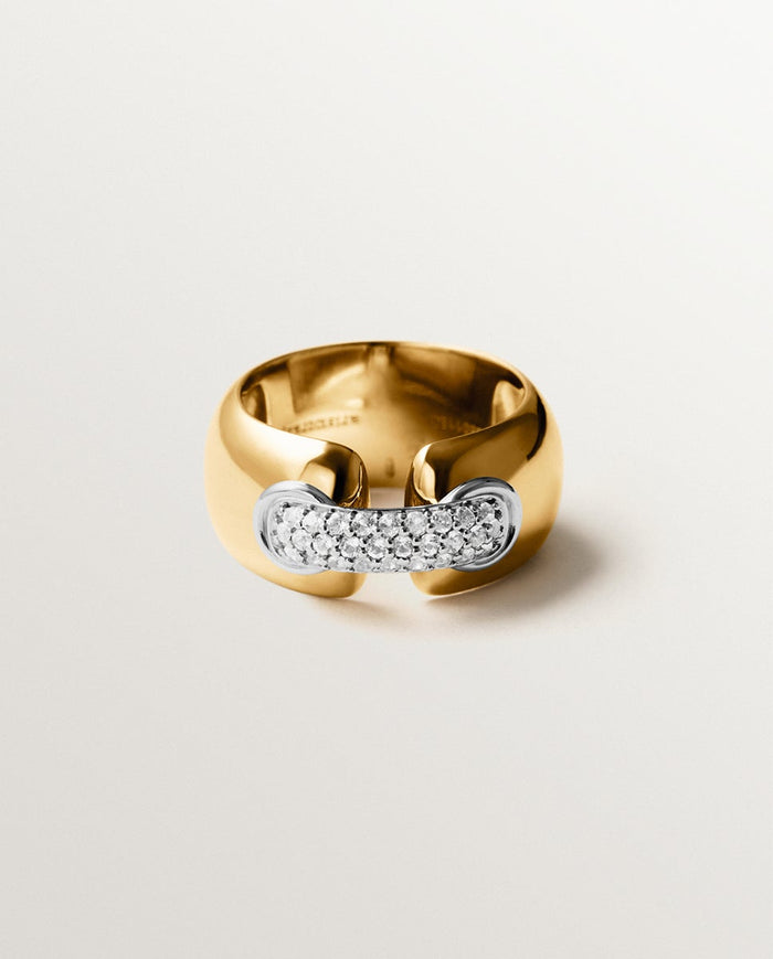 Anillo de plata 925 bañada en rodio y oro amarillo de 18K con pavé de topacios blancos