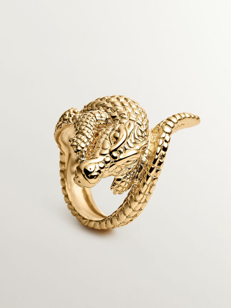 Anillo ancho de plata 925 bañada en oro amarillo de 18K con forma de cocodrilo