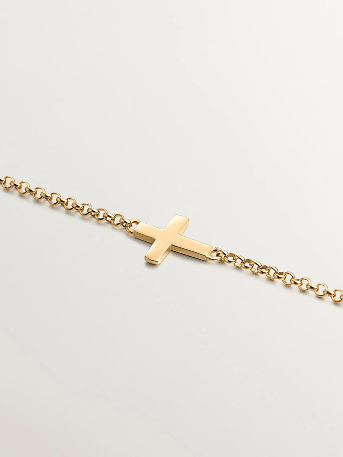 Pulsera de plata 925 bañada en oro amarillo de 18K con cruz