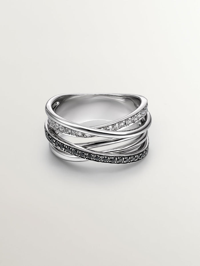 Anillo multibrazo de plata con piedras topacios blancos y espinelas negras
