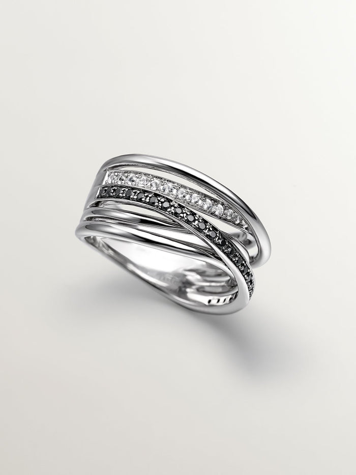 Anillo multibrazo de plata con piedras topacios blancos y espinelas negras
