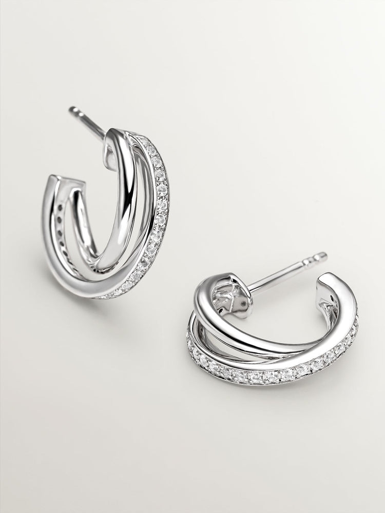 Pendientes de aro doble de plata 925 con topacios blancos