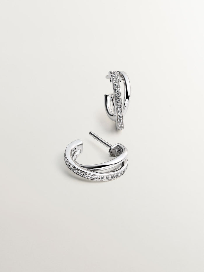 Pendientes de aro doble de plata 925 con topacios blancos