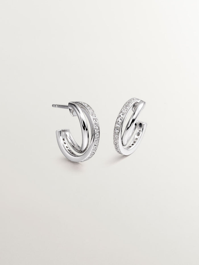 Pendientes de aro doble de plata 925 con topacios blancos