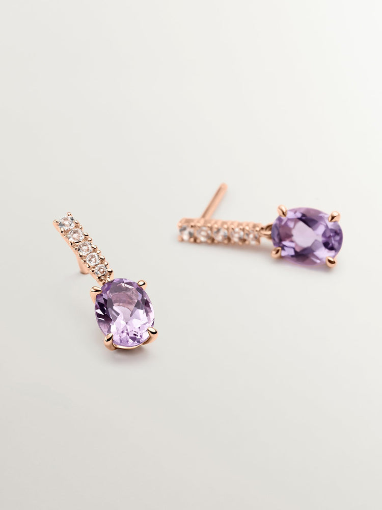Pendientes largos amatista plata recubierta oro rosa