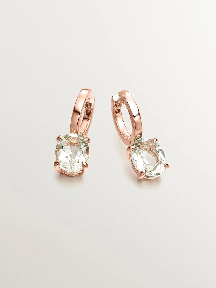 Pendientes de aro medianos de plata 925 bañada en oro rosa de 18K con cuarzo verde