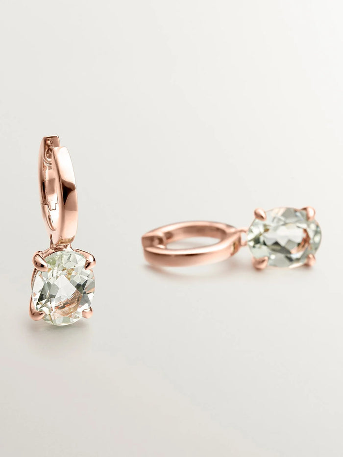 Pendientes de aro medianos de plata 925 bañada en oro rosa de 18K con cuarzo verde