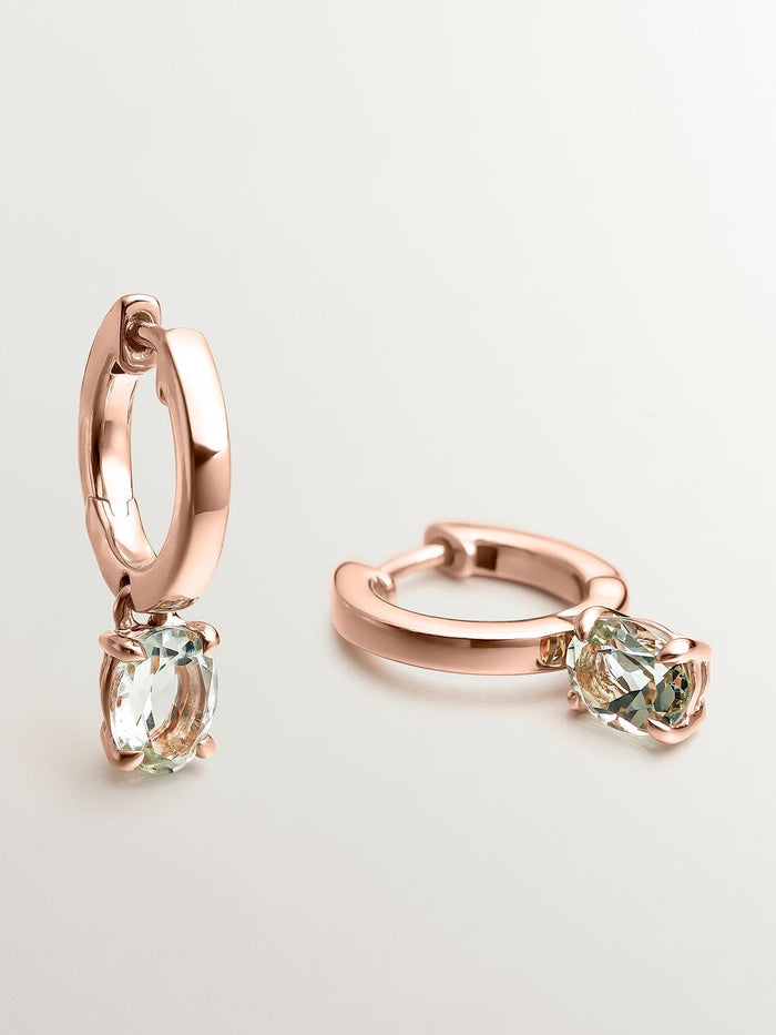 Pendientes de aro pequeños de plata 925 bañada en oro rosa de 18K con cuarzo verde