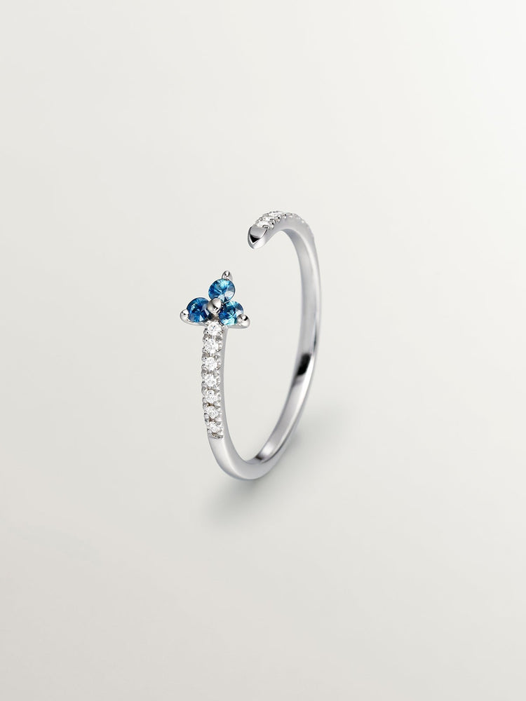 Anillo trébol zafiro y diamante oro blanco 9 kt