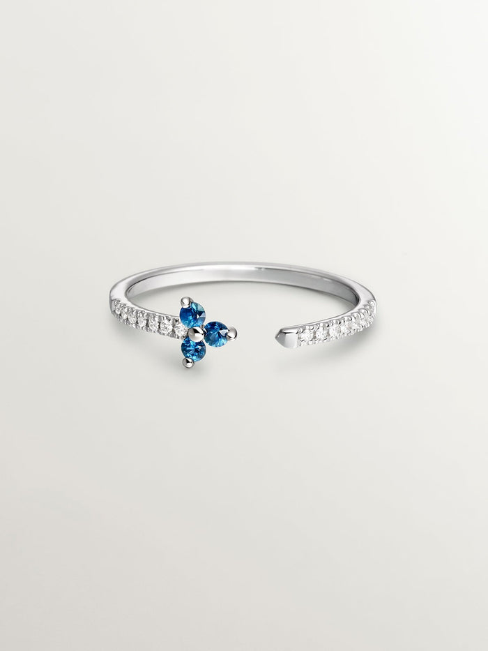 Anillo trébol zafiro y diamante oro blanco 9 kt