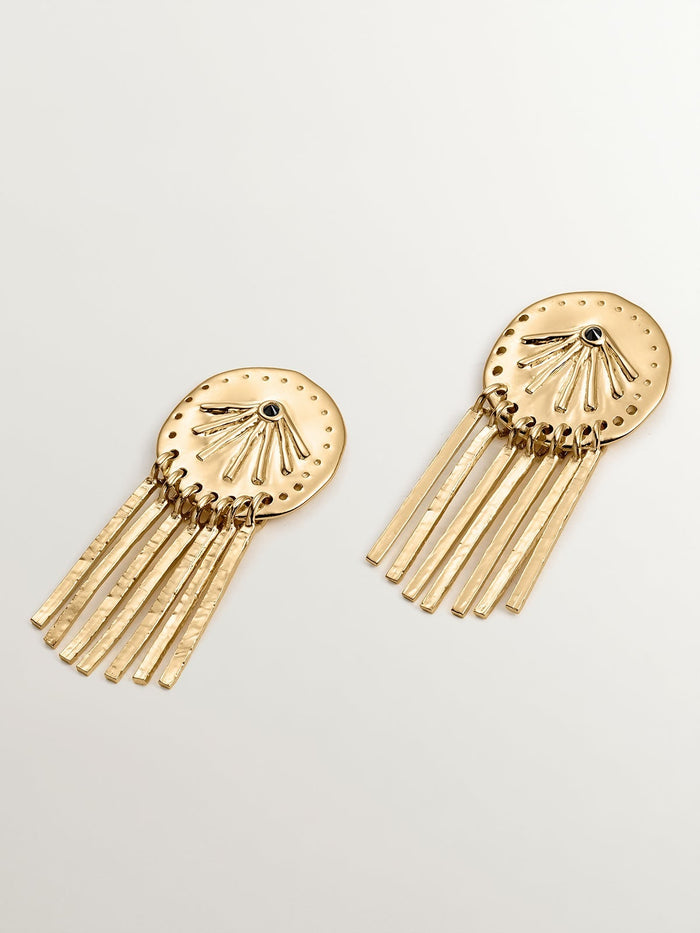 Pendientes de plata 925 bañada en oro amarillo de 18K con espinelas negras y motivos étnicos