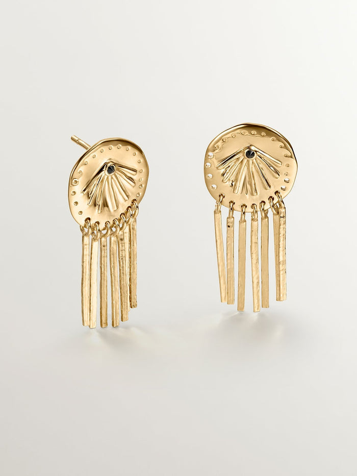 Pendientes de plata 925 bañada en oro amarillo de 18K con espinelas negras y motivos étnicos