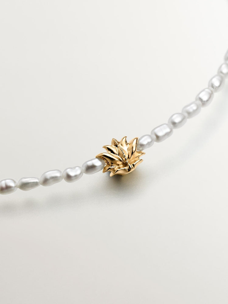 Pulsera motivo flor perla plata recubierta oro