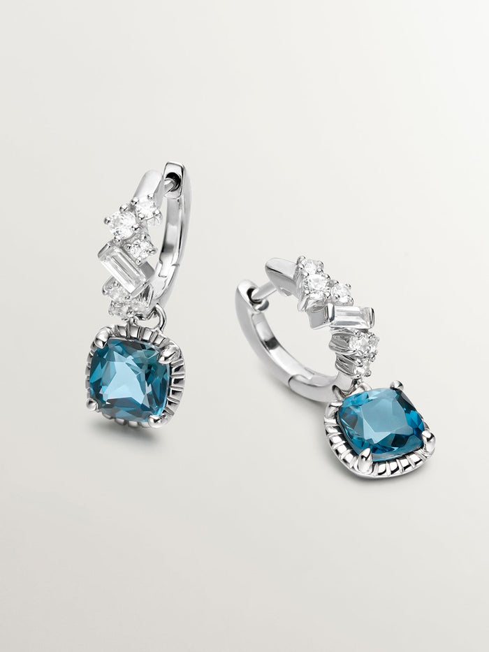 Pendientes de aro de plata 925 con topacios azul london y blancos