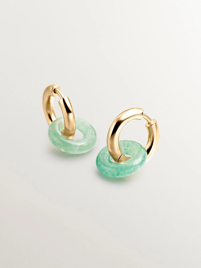 Pendientes de aro medianos de plata 925 bañada en oro amarillo de 18K con aventurina verde