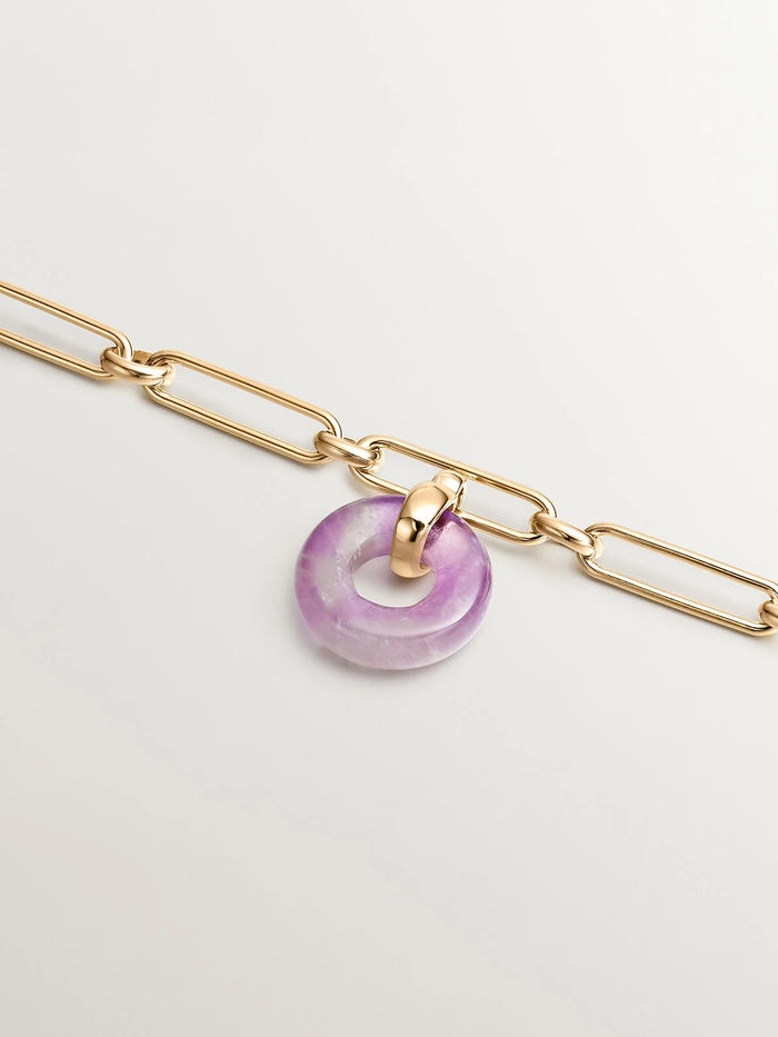 Pulsera de eslabones de plata 925 bañada en oro amarillo de 18K con amatista morada
