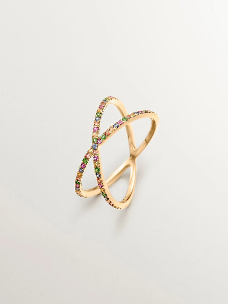 Anillo doble cruzado de oro amarillo de 9K con tsavoritas y zafiros multicolor
