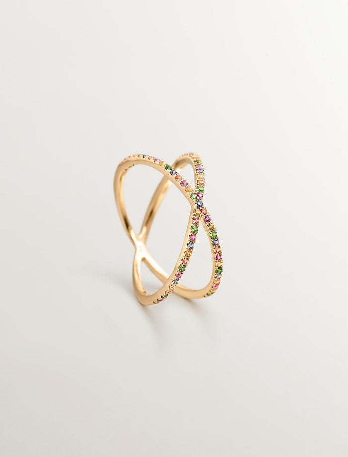 Anillo multibrazo de oro con zafiros y tsavoritas.