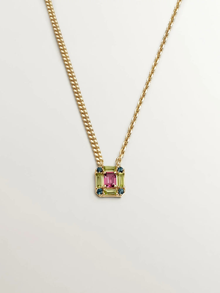 Colgante de plata 925 bañada en oro amarillo de 18K con rodolita rosa, topacio azul london y peridoto verde