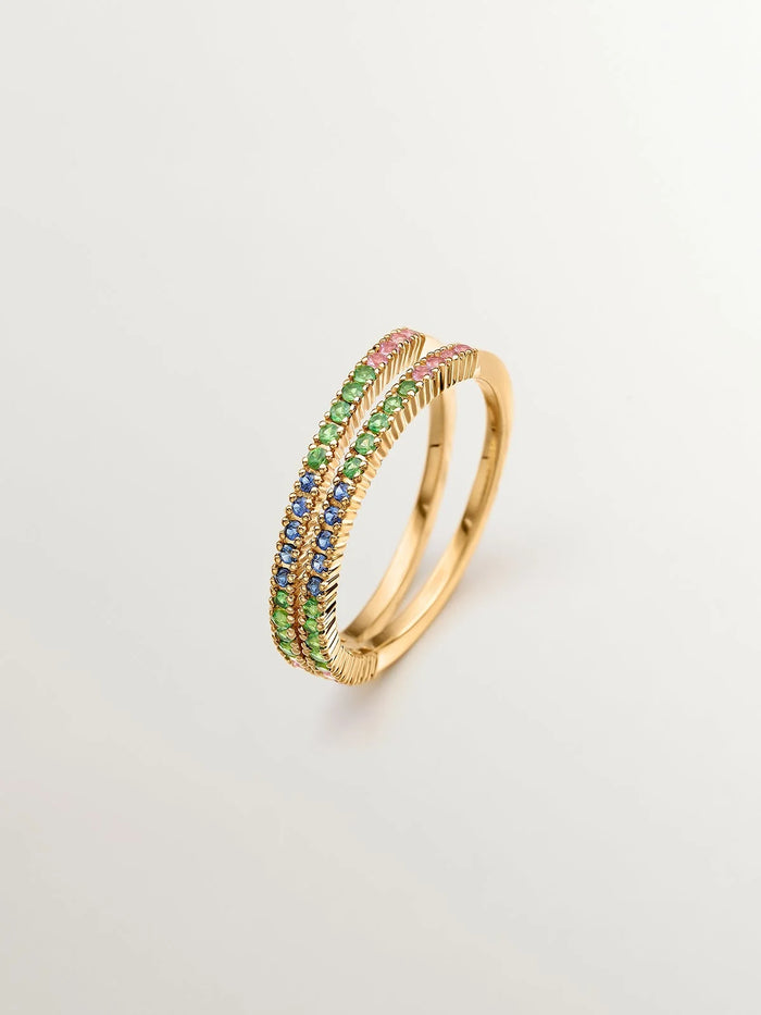 Anillo doble de plata 925 bañada en oro amarillo de 18K con tsavoritas y zafiros multicolor