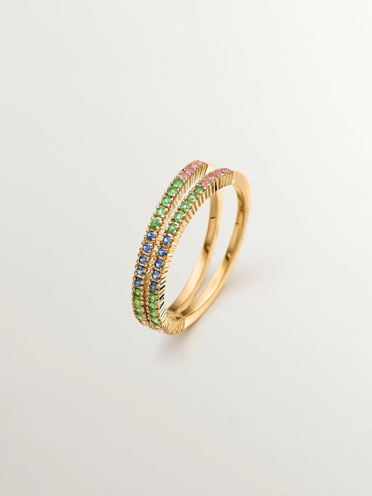 Anillo doble de plata 925 bañada en oro amarillo de 18K con tsavoritas y zafiros multicolor
