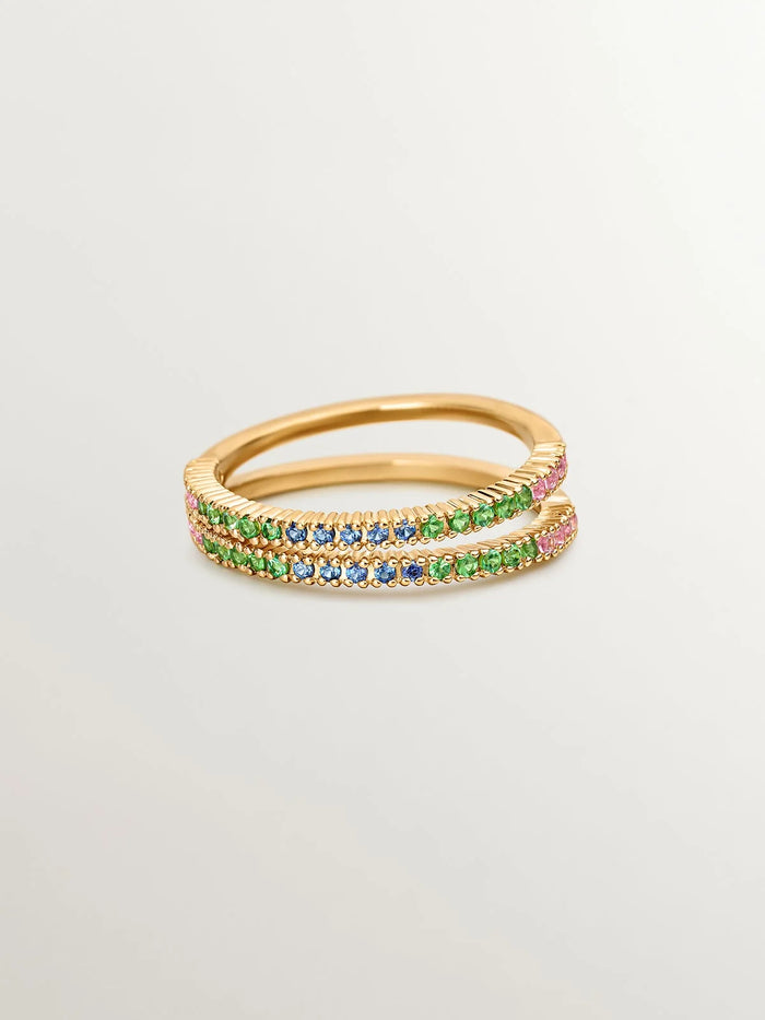 Anillo doble de plata 925 bañada en oro amarillo de 18K con tsavoritas y zafiros multicolor