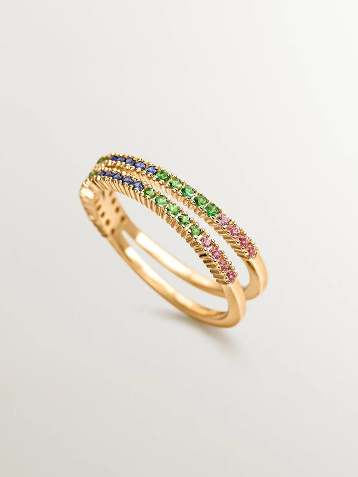 Anillo doble de plata 925 bañada en oro amarillo de 18K con tsavoritas y zafiros multicolor