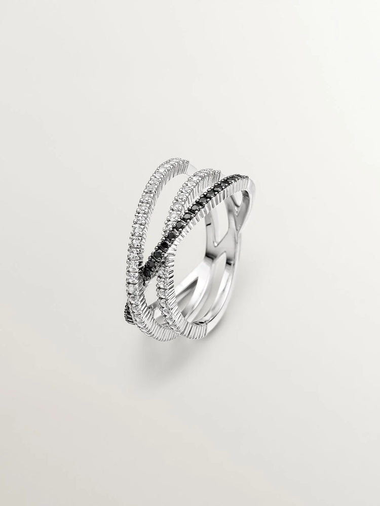 Anillo triple cruzado de plata 925 bañada en oro amarillo de 18K con topacios blancos y espinelas negras