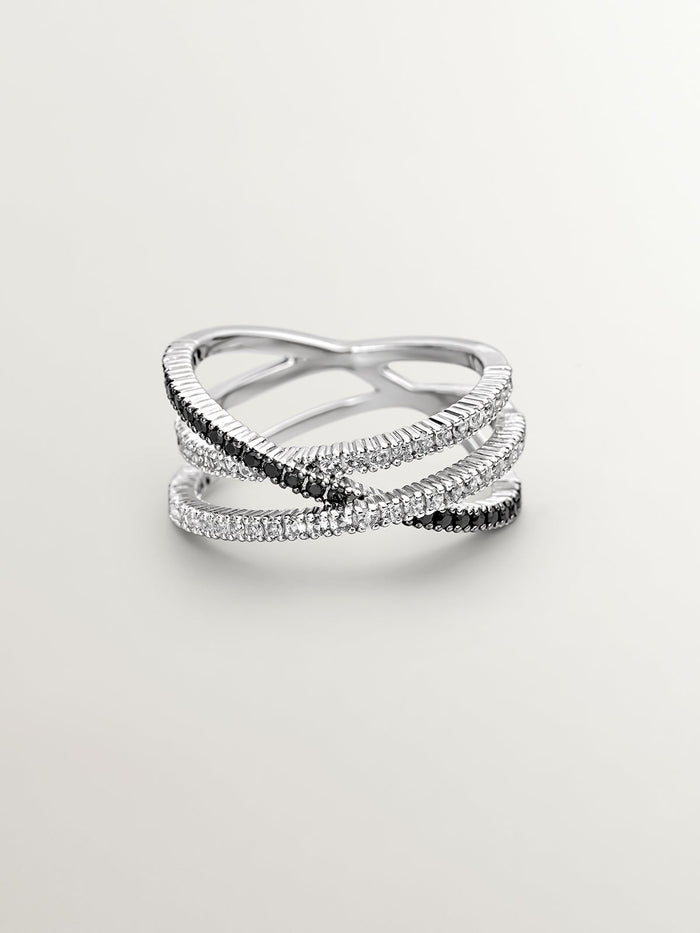 Anillo triple cruzado de plata con piedras topacios blancos y espinelas negras
