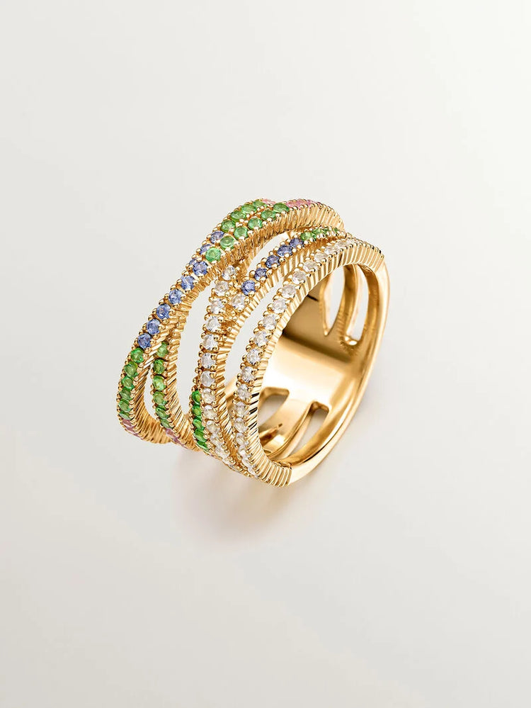 Anillo multibrazo de plata bañada en oro de 18kt con piedras multicolor