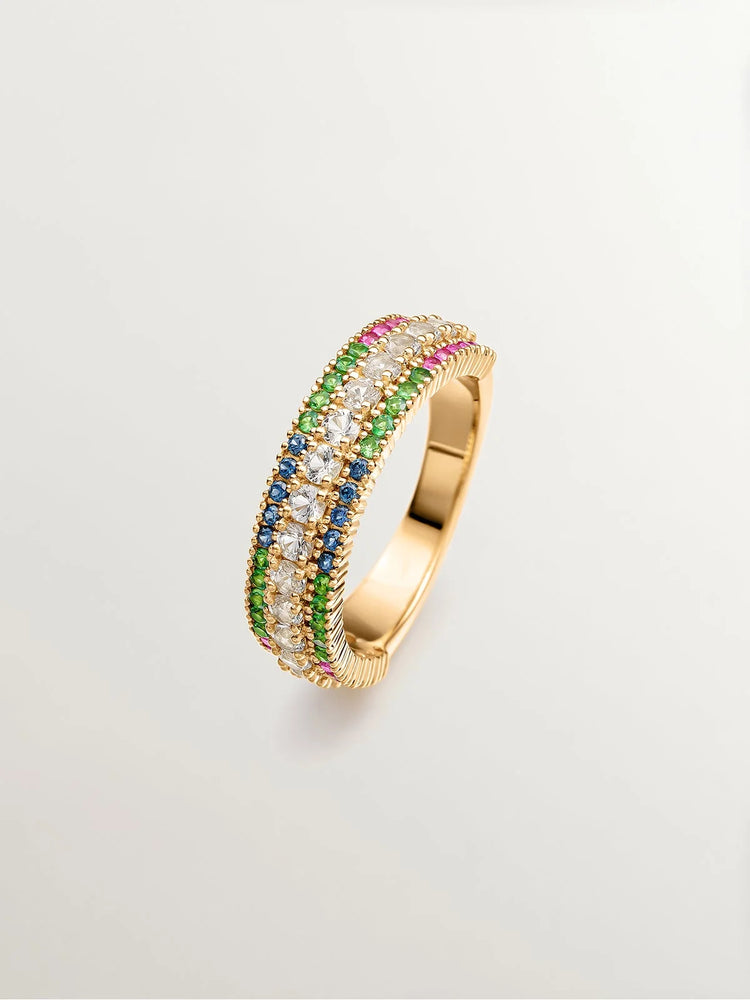 Anillo de plata 925 bañada en oro amarillo de 18K con tsavoritas, topacios y zafiros multicolor