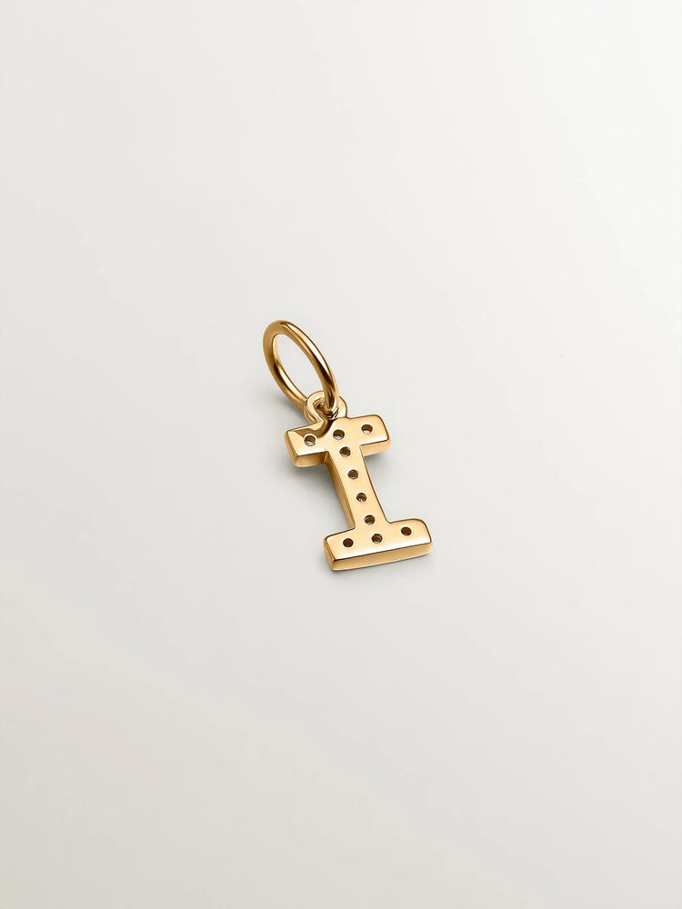 Charm de plata 925 bañada en oro amarillo de 18K y topacios blancos inicial I
