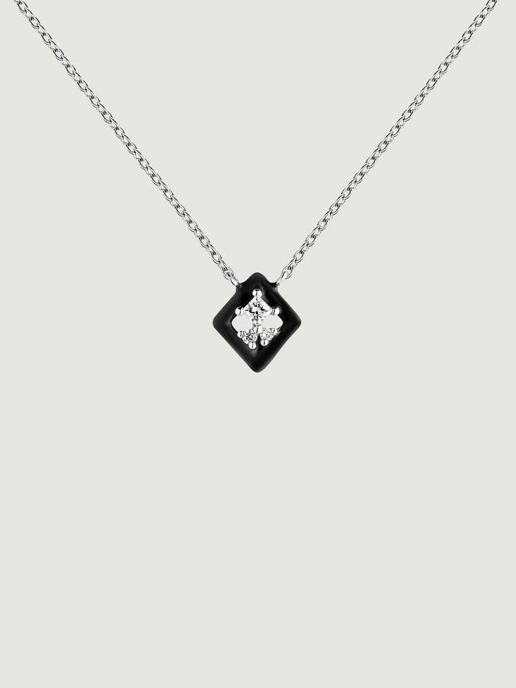 Colgante rombo de oro blanco de 18kt con esmalte negro y diamantes