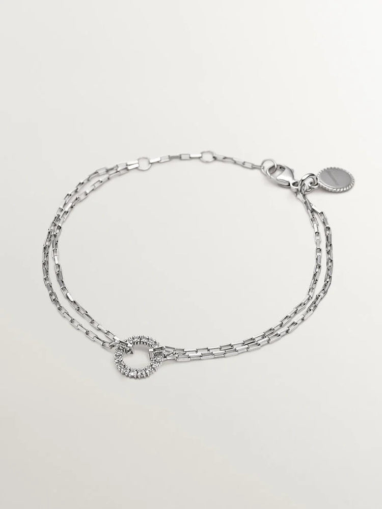 Pulsera eslabones forza de plata con círculo de piedras topacios blancos