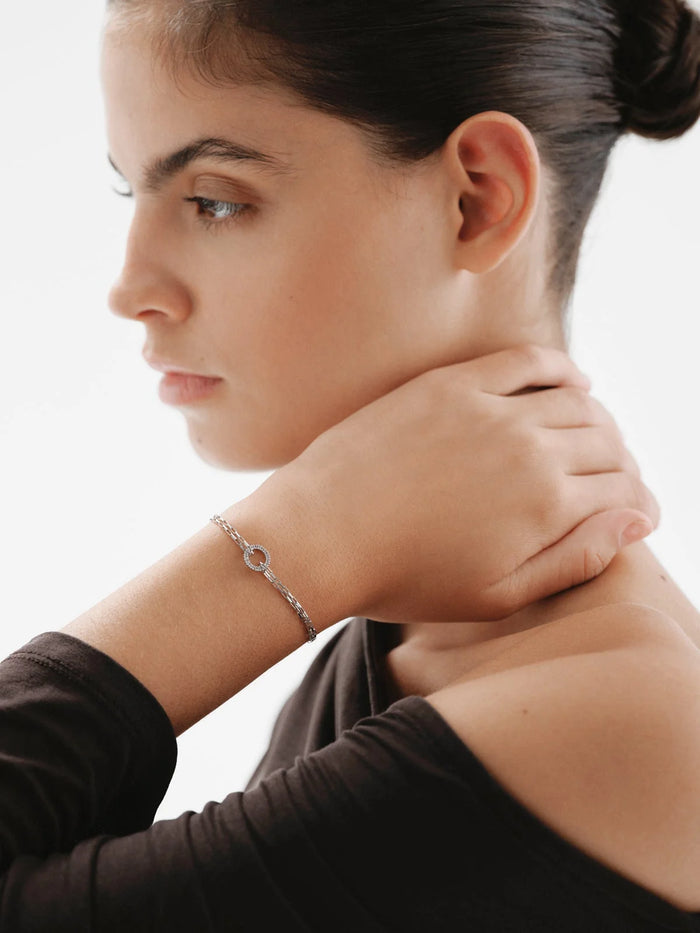 Pulsera de eslabones forza de plata 925 con aro de topacios blancos