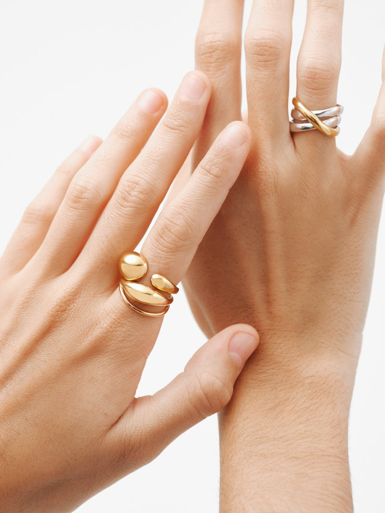 Anillo ancho triple de plata bicolor
