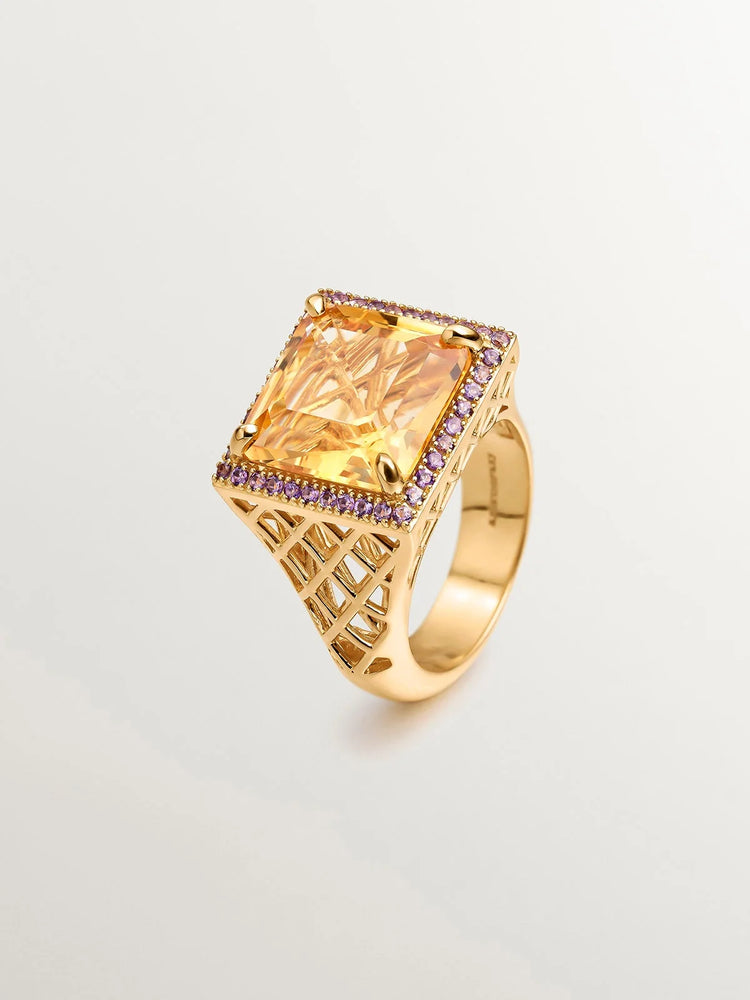 Anillo de plata 925 bañada en oro amarillo de 18K con granate naranja y amatistas moradas