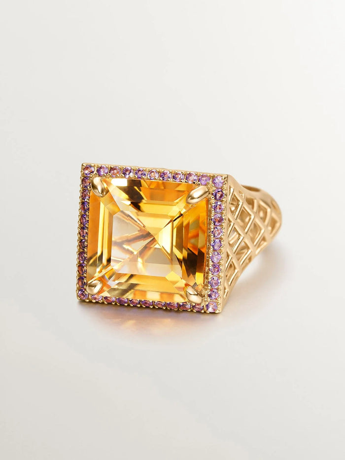 Anillo de plata 925 bañada en oro amarillo de 18K con granate naranja y amatistas moradas